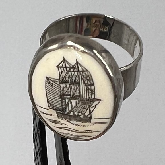 Faux Scrimshaw Silver Women's Ring with Whaling Boat Image - Size 8.5 - Picture 8 of 12